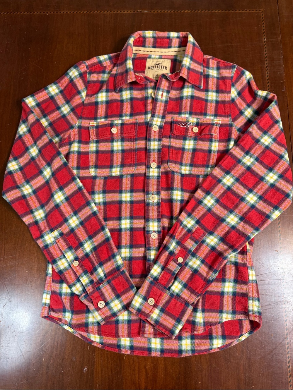 Hollister Red Plaid Button-Up Flannel Shirt with Blue and Yellow Accents